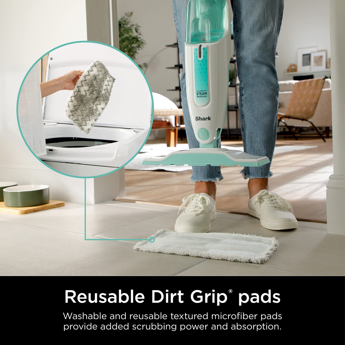 White Steam Mop with 2 Dirt Grip Pads B82497