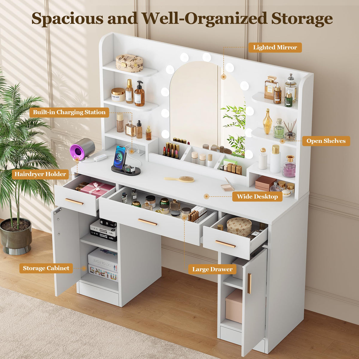 White Vanity Desk with Mirror and Lights D93470