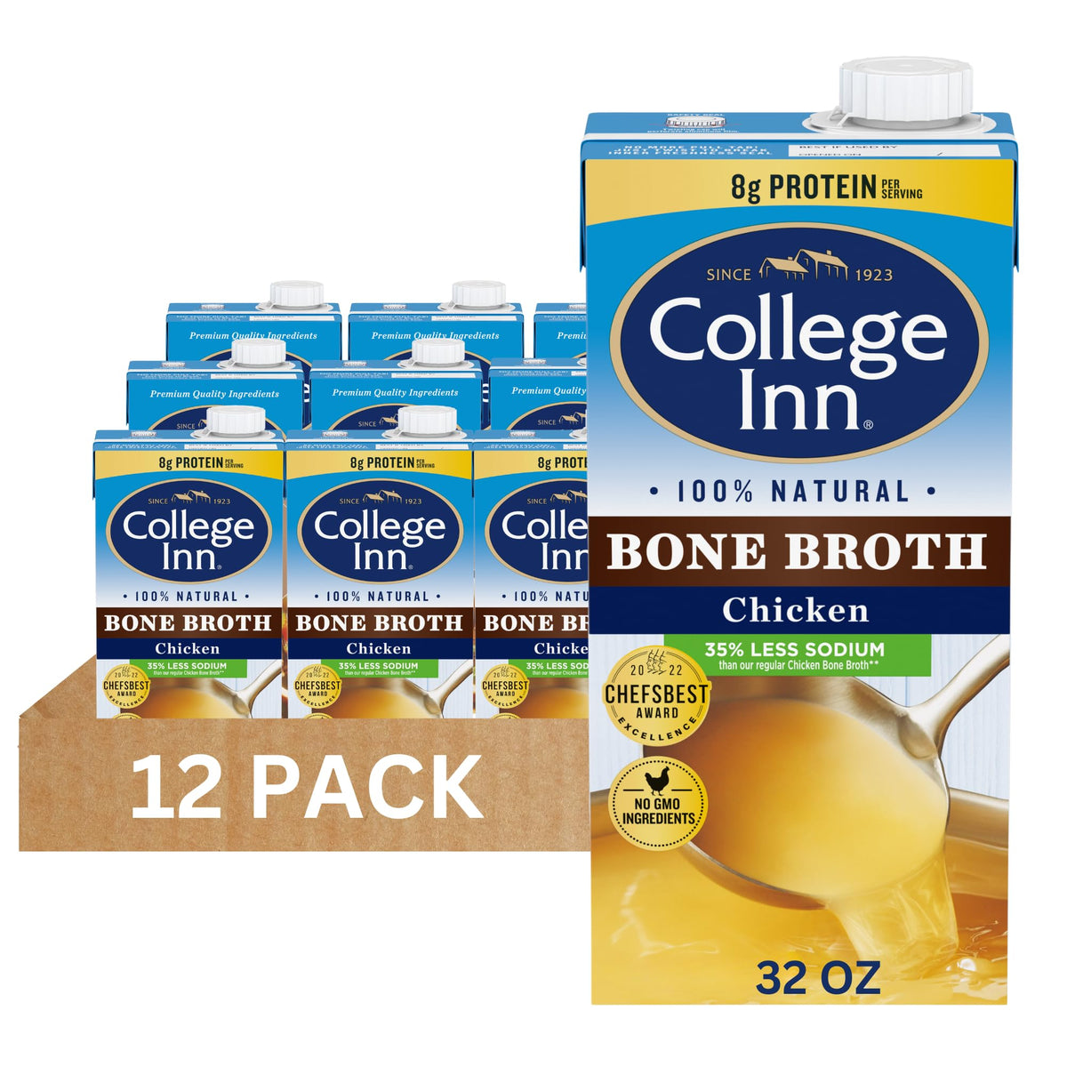 100% Natural Reduced Sodium Chicken Bone Broth 32 Oz (Pack of 12) M111798