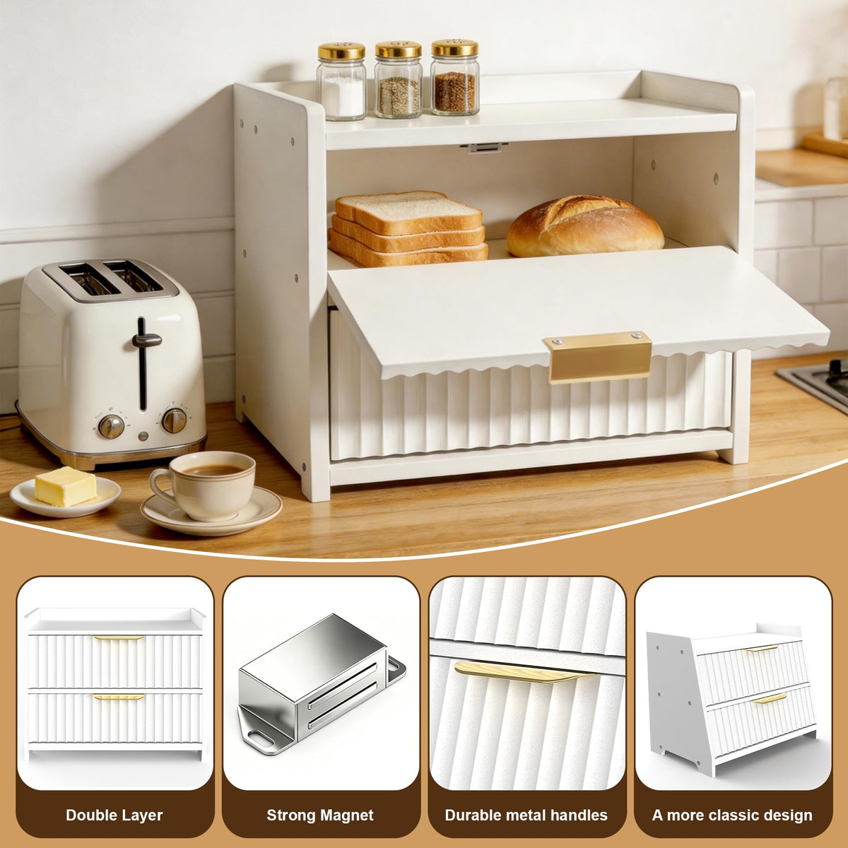 White Double Layer Wooden Bread Box Z73303