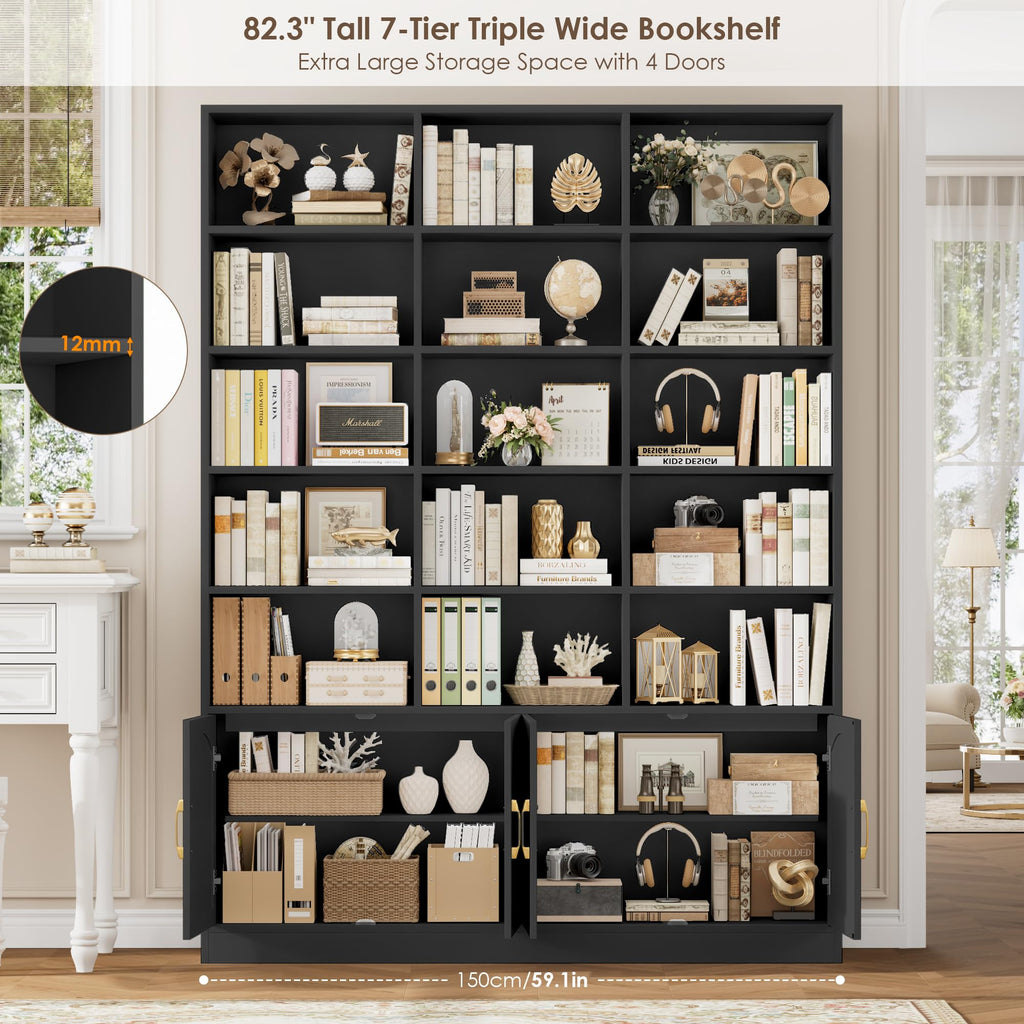 82.3" Triple Wide Bookshelf with 4 Doors, Black C62476