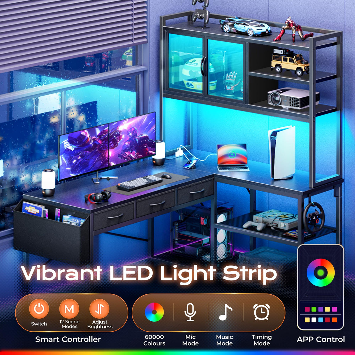 57.5 Inch L Shaped Gaming Desk with Power Outlets O915