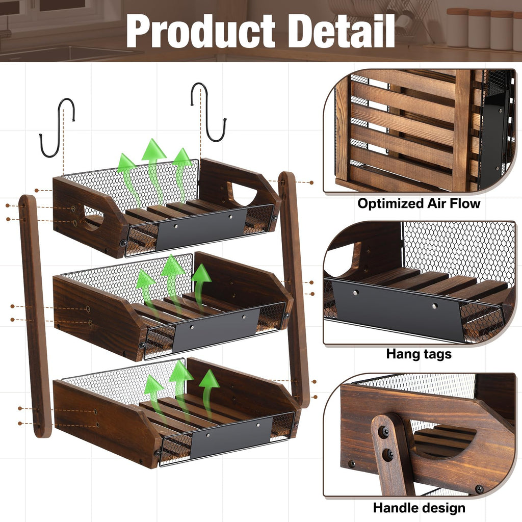 3 Tier Wooden Fruit Basket with Banana Hangers Y180
