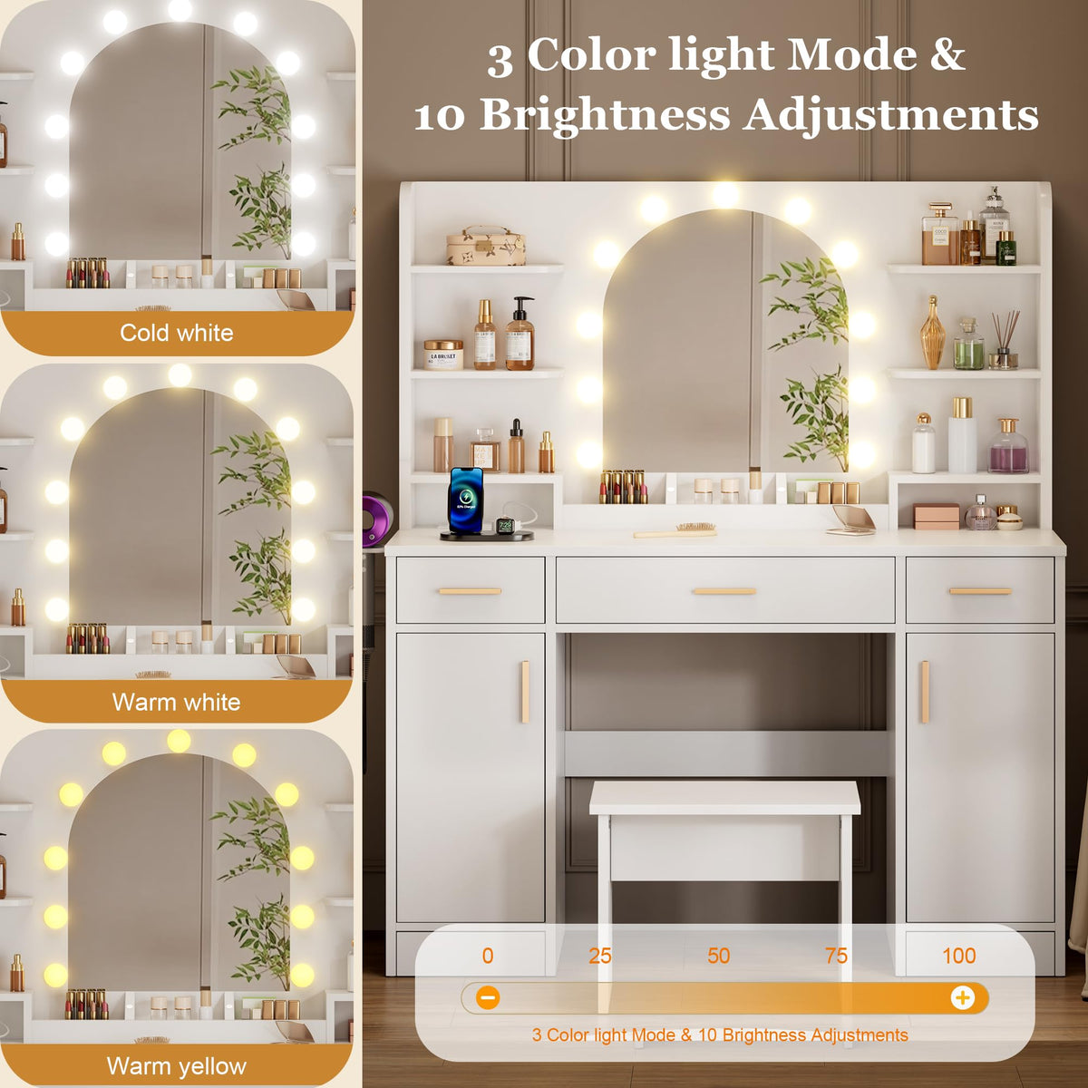 White Vanity Desk with Mirror and Lights D93470