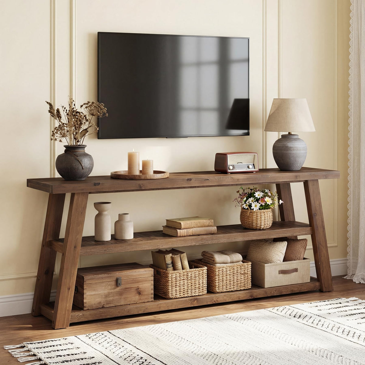 3-Tier Solid Wood TV Stand with Open Storage Shelves Y504