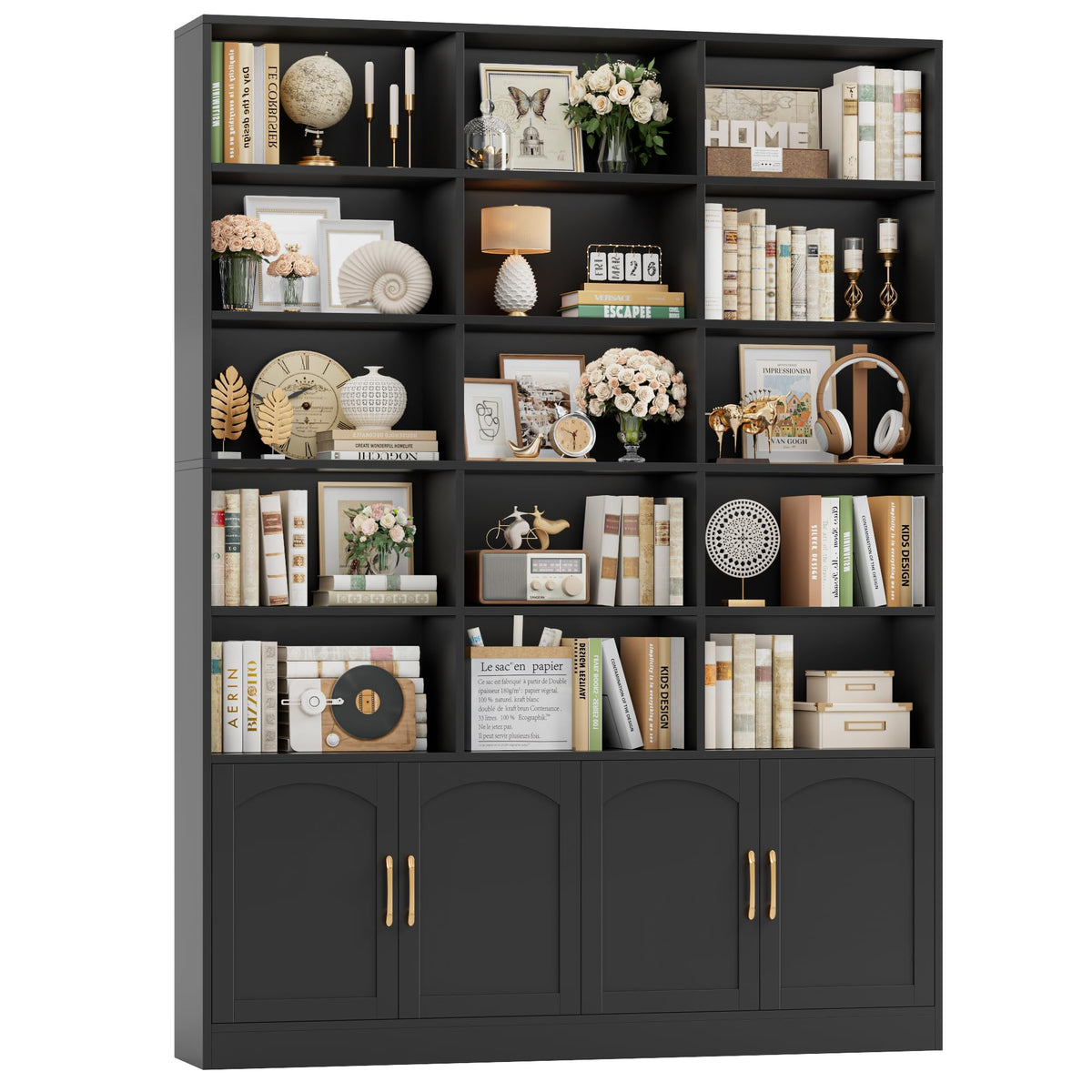 82.3" Triple Wide Bookshelf with 4 Doors, Black C62476