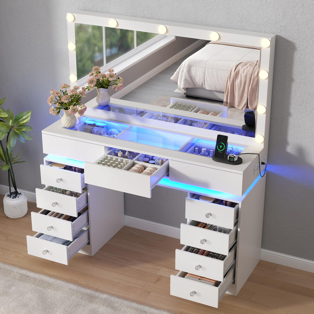 White Vanity Desk with Mirror and Lights G466238