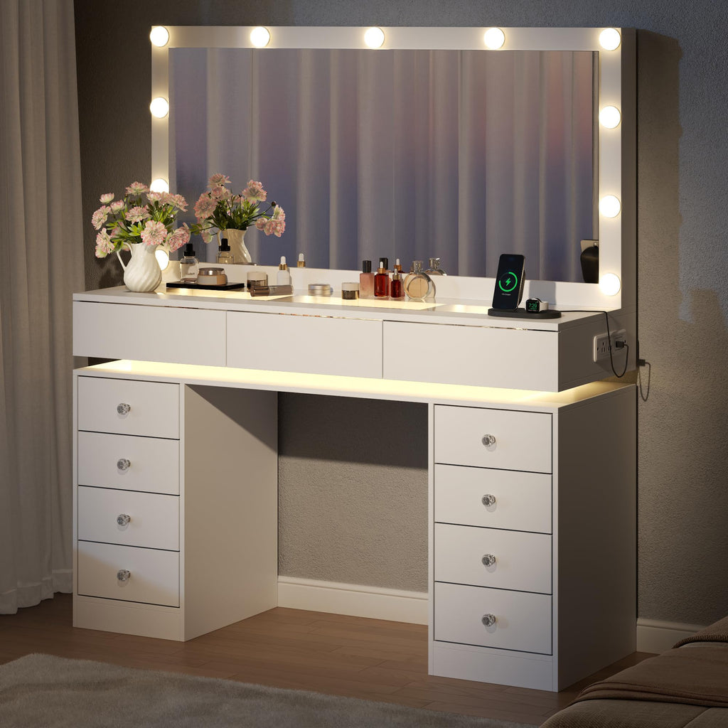 White Vanity Desk with Mirror and Lights G466238