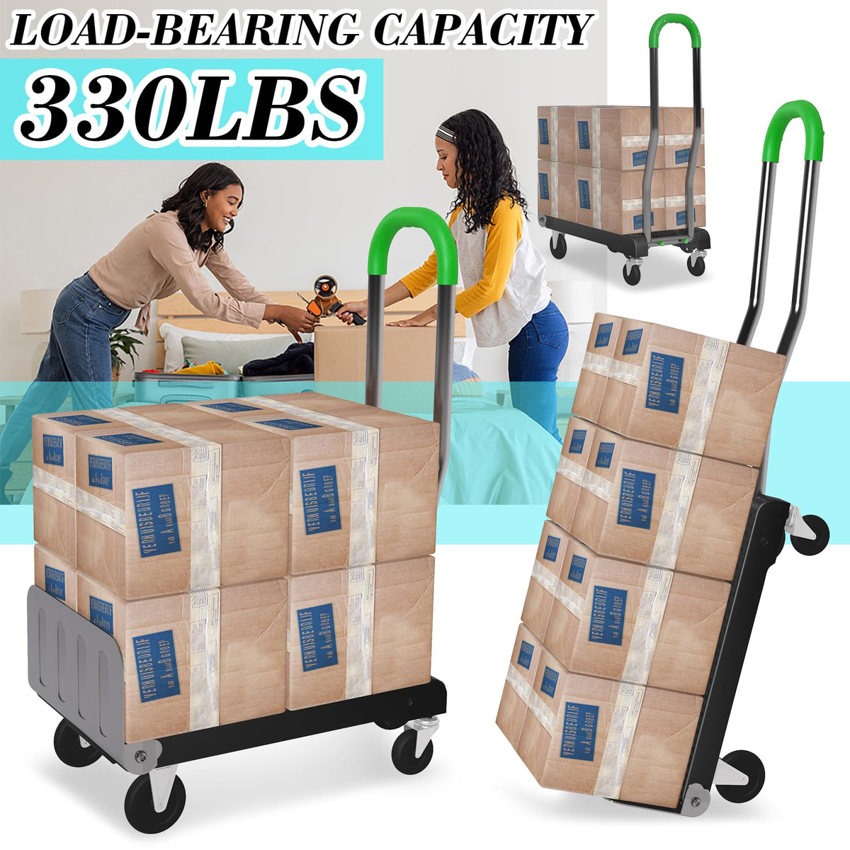 2-in-1 Convertible Hand Truck Dolly, 330LBS Capacity, Foldable Black & Dill Green J539