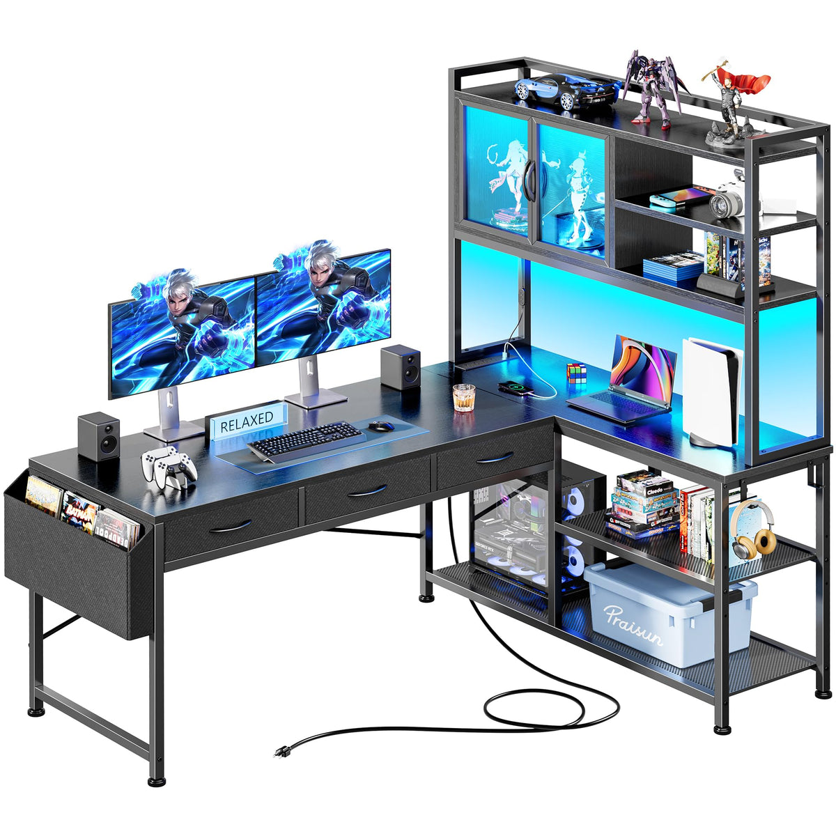 57.5 Inch L Shaped Gaming Desk with Power Outlets O915