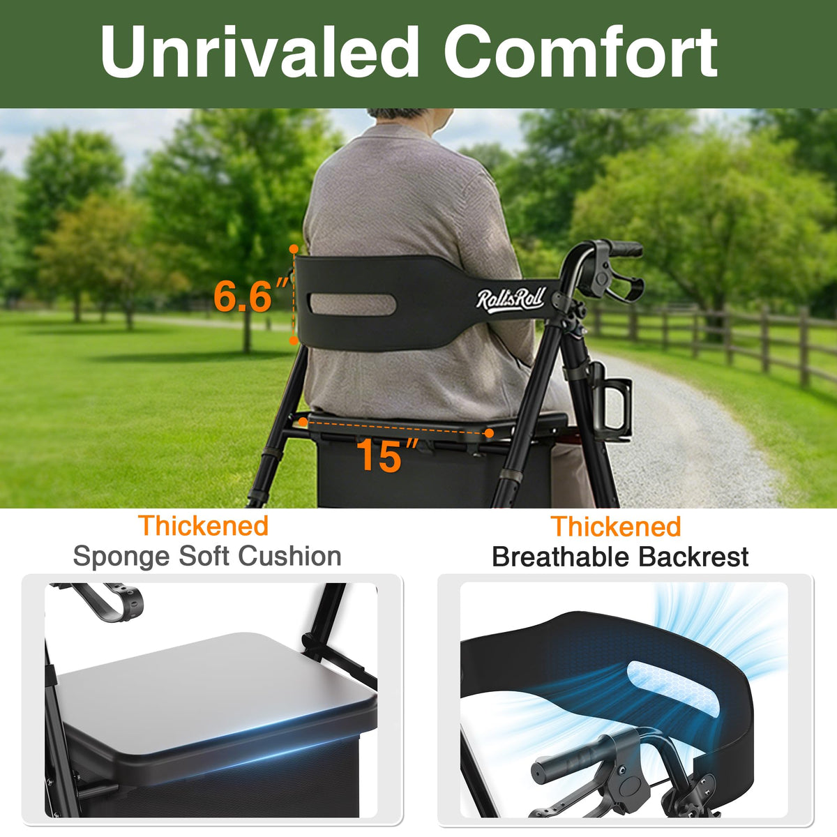 Lightweight Foldable Rollator Walker with 8" Rubber Wheels, 350lb Capacity, Black M4532