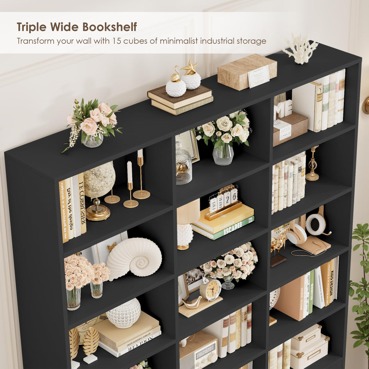 82.3" Triple Wide Bookshelf with 4 Doors, Black C62476