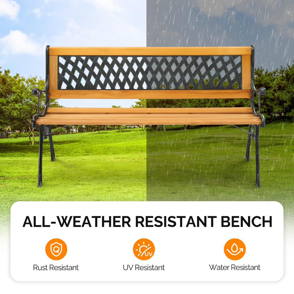 Weather Resistant Cast Iron Teak Wood 3-Person Outdoor Bench U58661