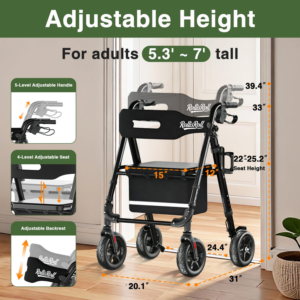 Lightweight Foldable Rollator Walker with 8" Rubber Wheels, 350lb Capacity, Black M4532