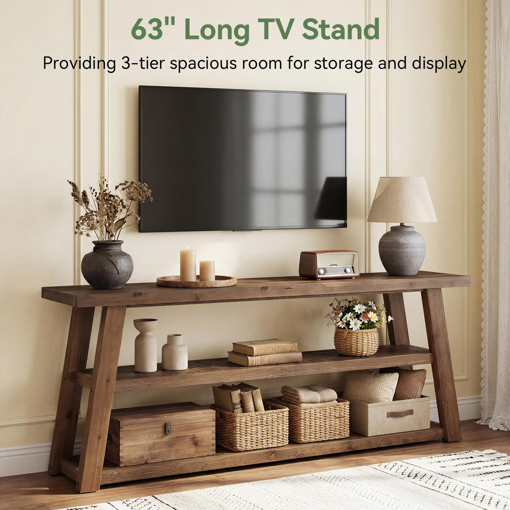 3-Tier Solid Wood TV Stand with Open Storage Shelves Y504