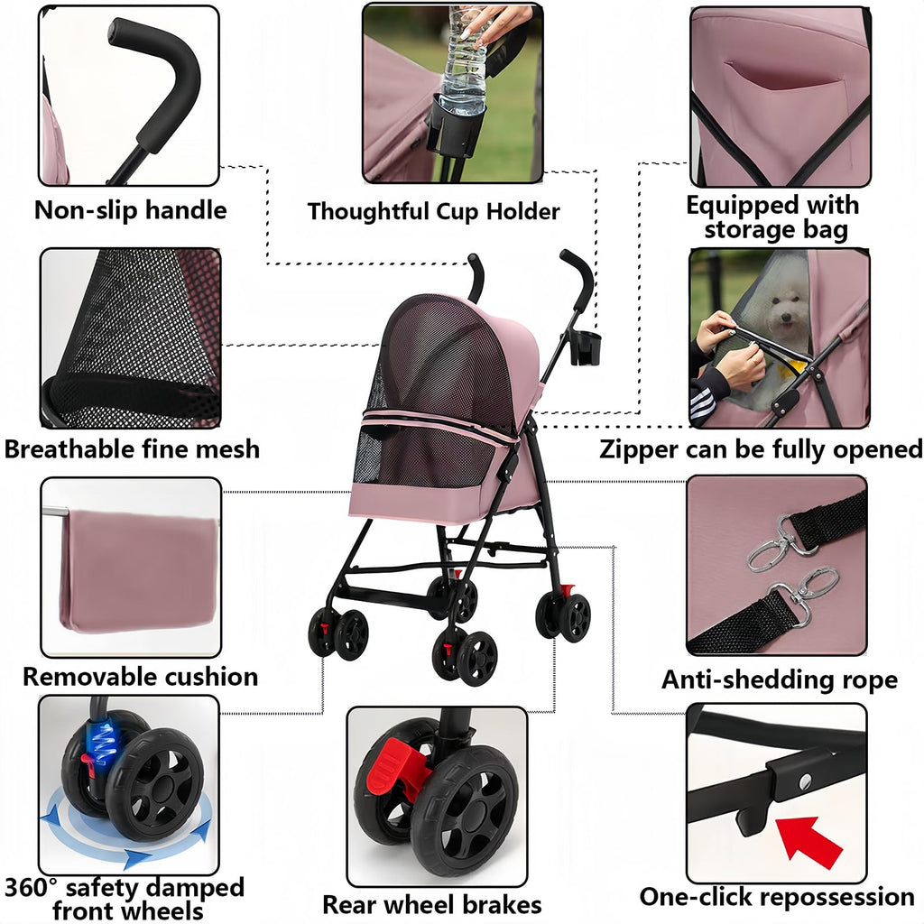 Foldable Lightweight Cat Stroller Pink J267