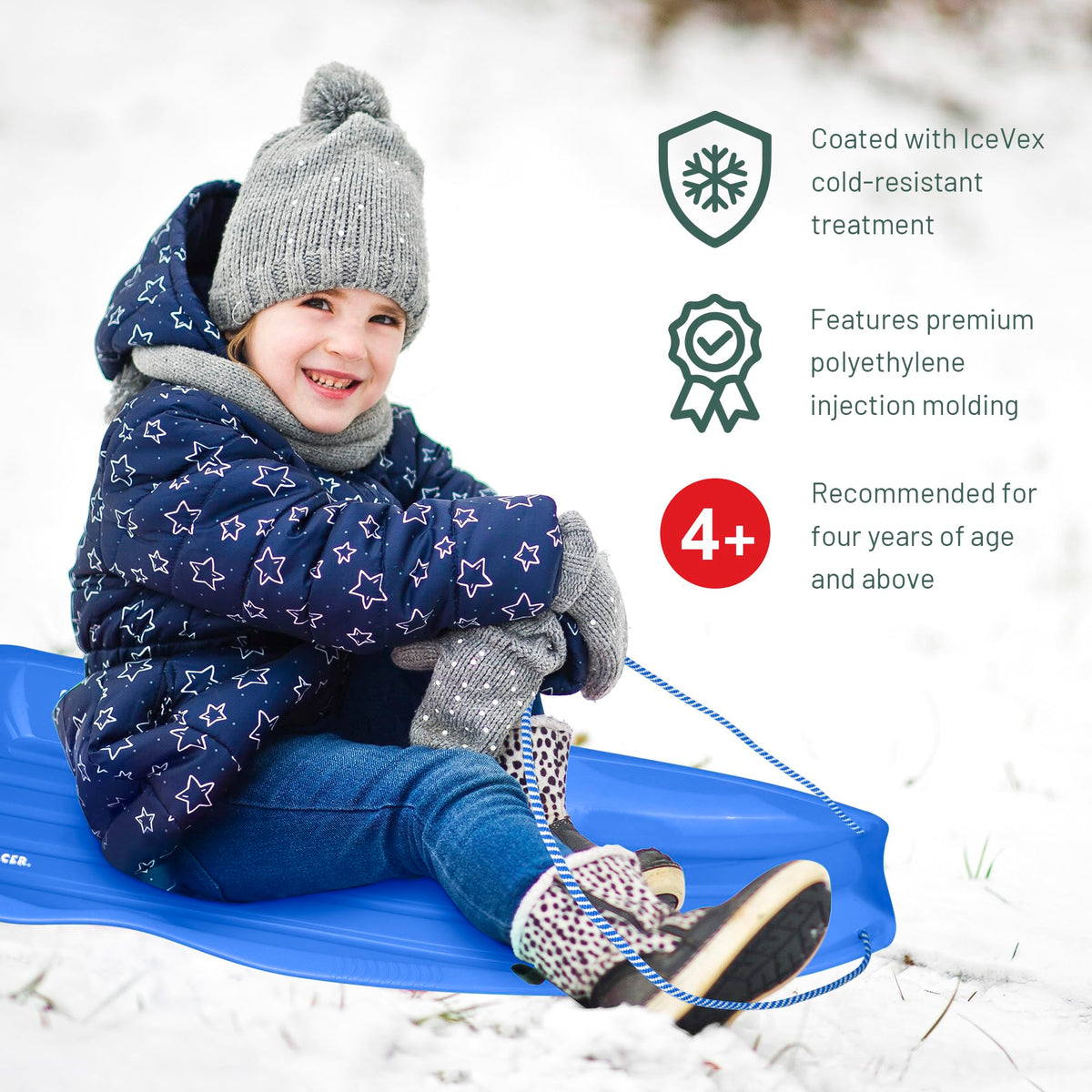 Plastic Toboggan Snow Sled with Pull Rope and Handles T9764