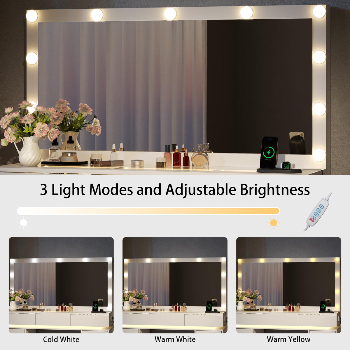 White Vanity Desk with Mirror and Lights G466238