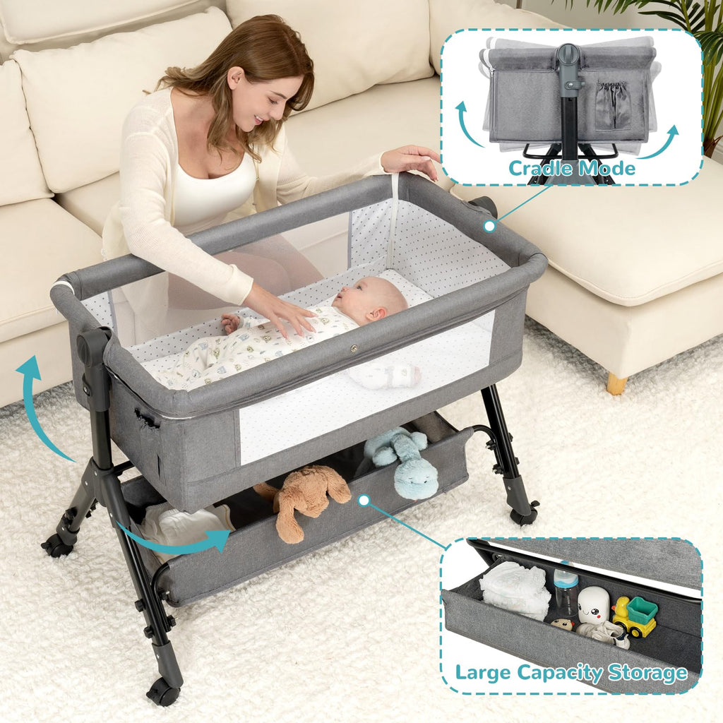 3 in 1 Adjustable Baby Bassinet with Wheels and Storage Basket S8509
