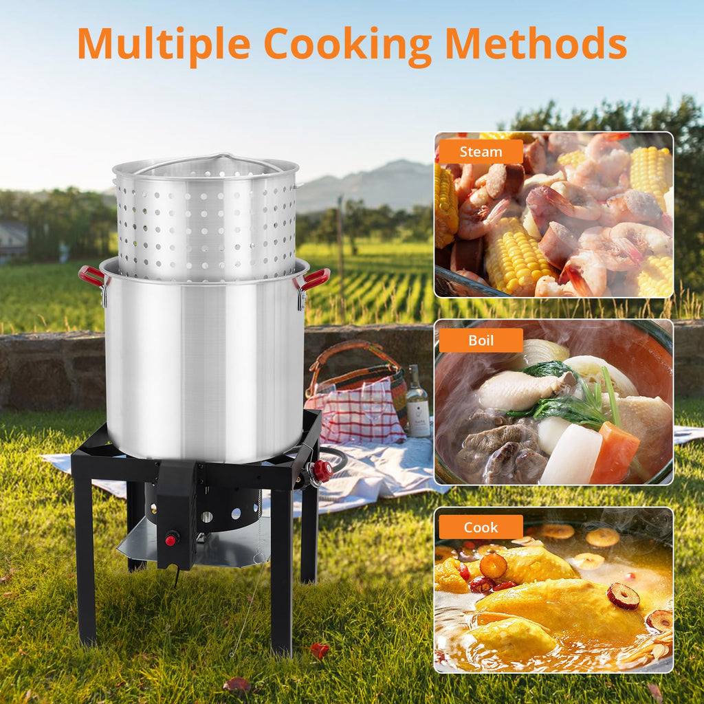 60QT Aluminum Seafood Boil Pot with Strainer Basket and Propane Burner O568660