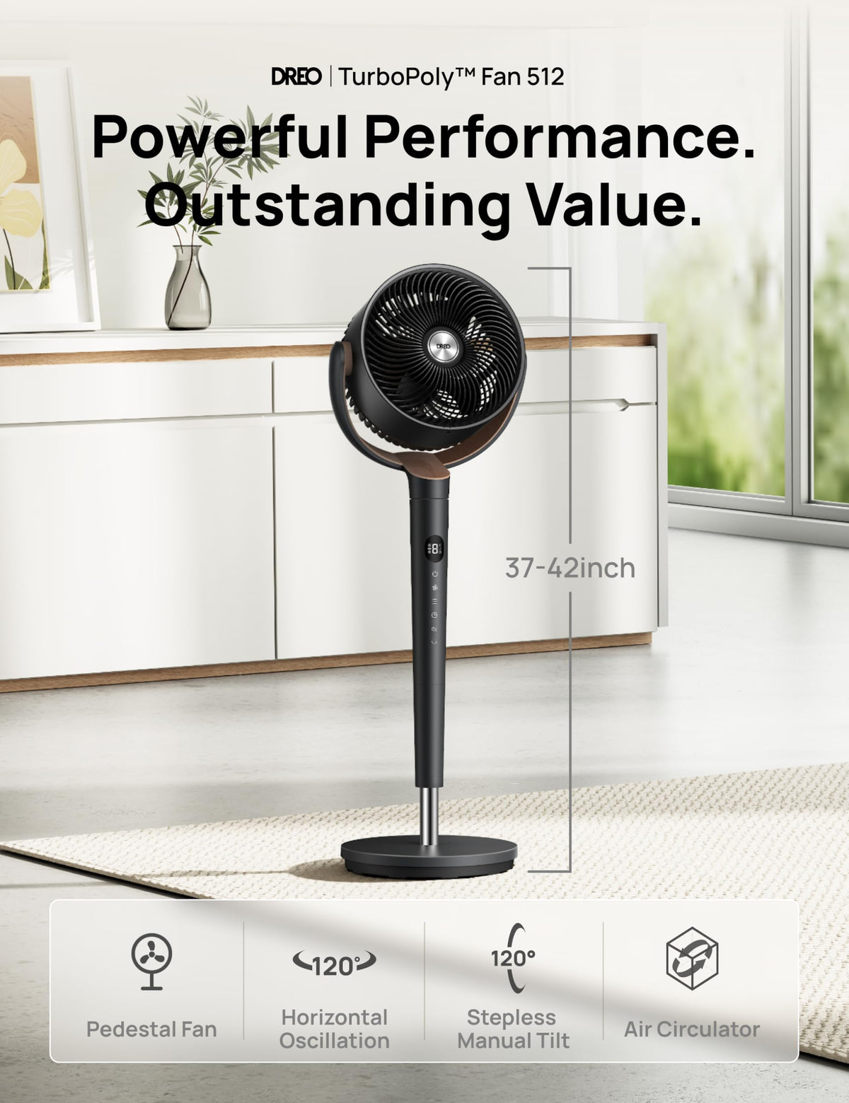 120° Oscillating Standing Fan, Quiet Floor Fan with DC Motor, 9 Speeds, 4 modes, 37-42" Adjustable Height, 9H Timer, Dark Gray M374