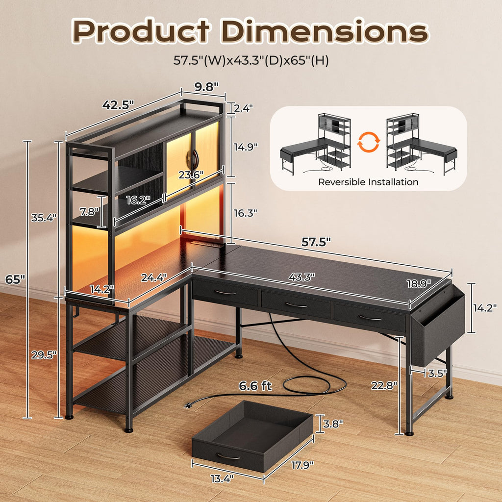 57.5 Inch L Shaped Gaming Desk with Power Outlets O915