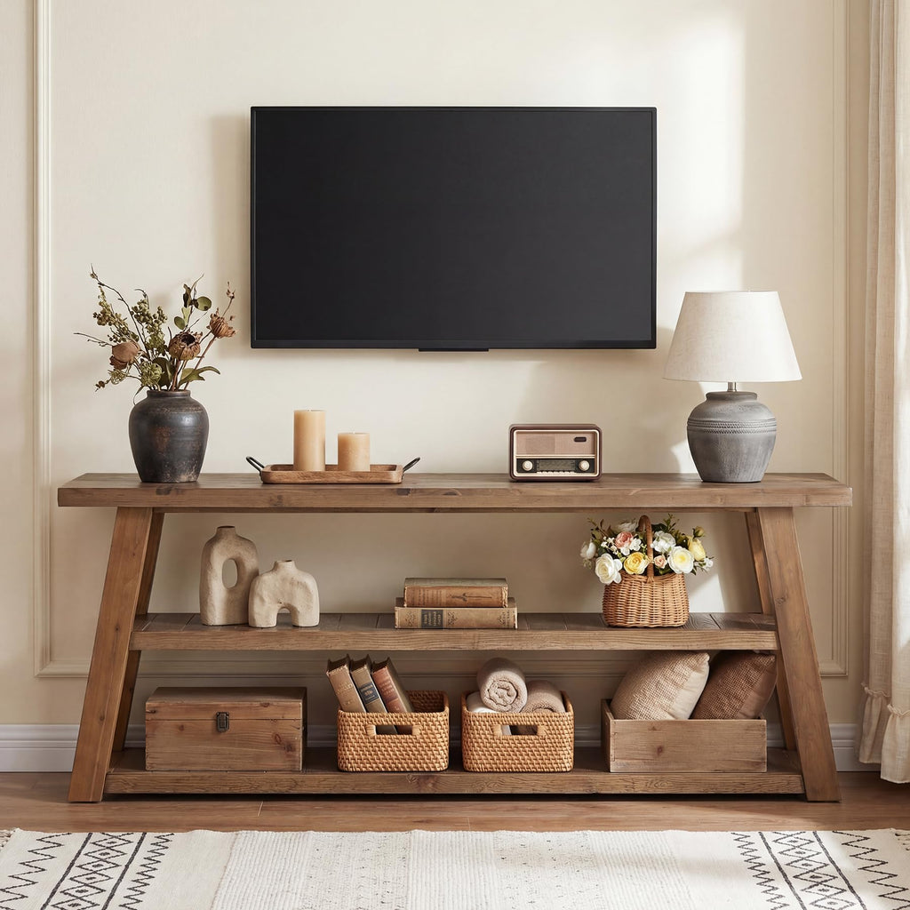 3-Tier Solid Wood TV Stand with Open Storage Shelves Y504