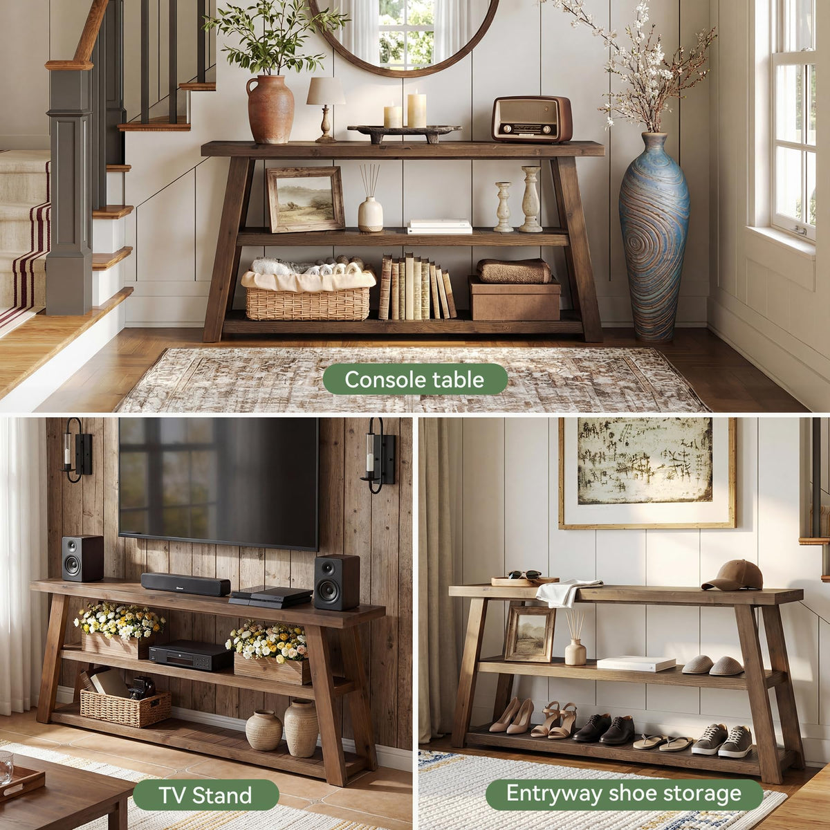 3-Tier Solid Wood TV Stand with Open Storage Shelves Y504