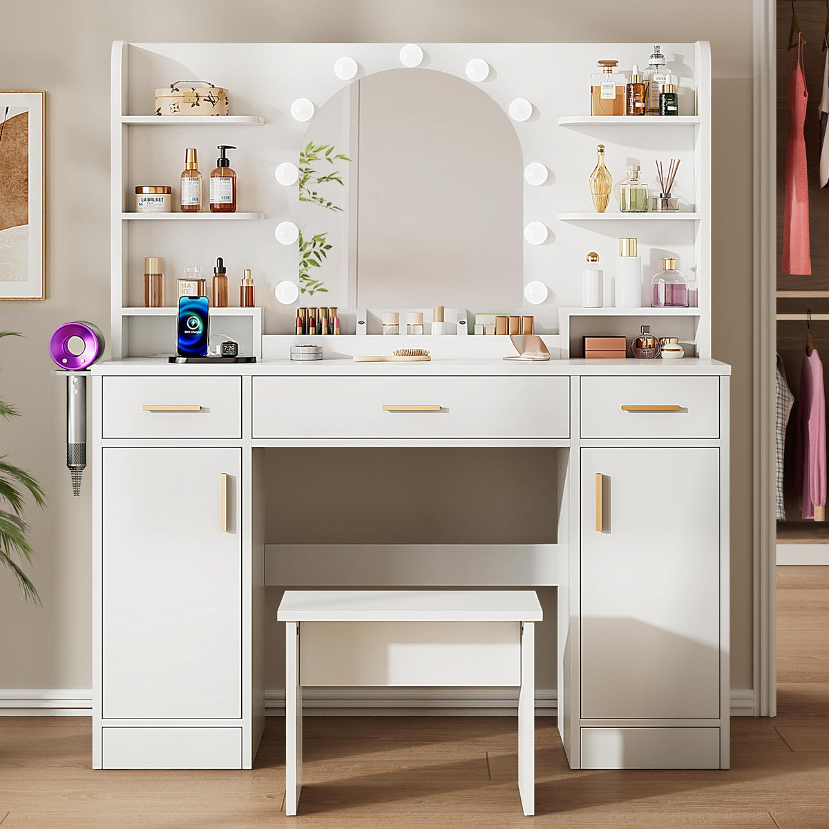 White Vanity Desk with Mirror and Lights D93470