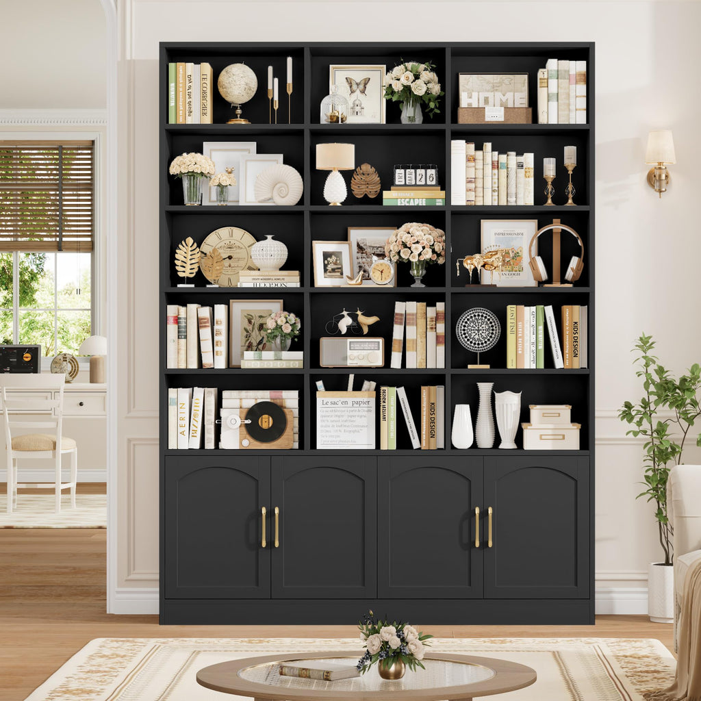 82.3" Triple Wide Bookshelf with 4 Doors, Black C62476