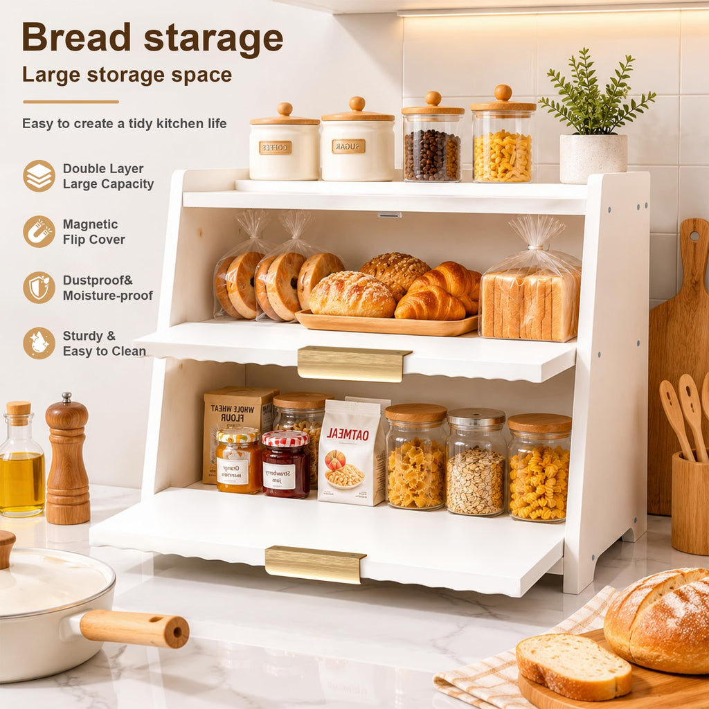 White Double Layer Wooden Bread Box Z73303