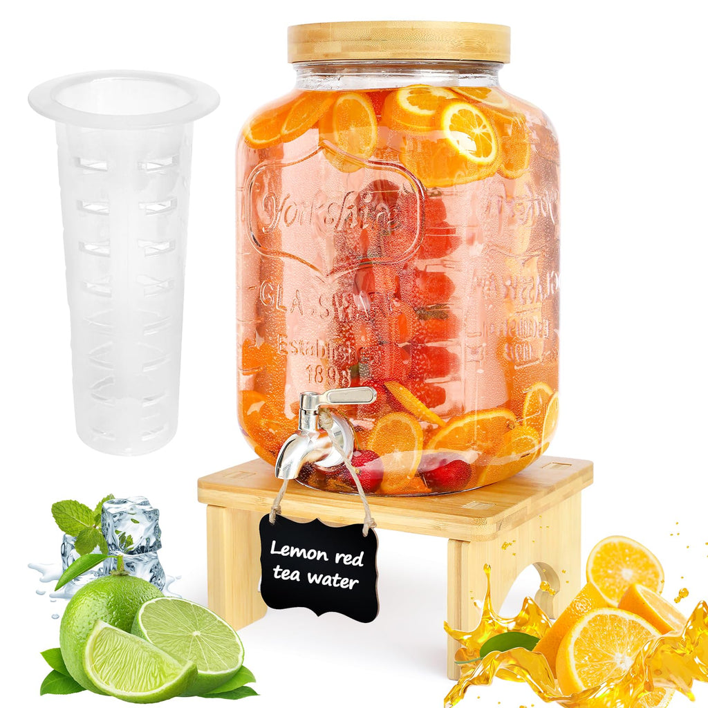 2 Gallon Glass Beverage Dispenser with Wood Stand B3656