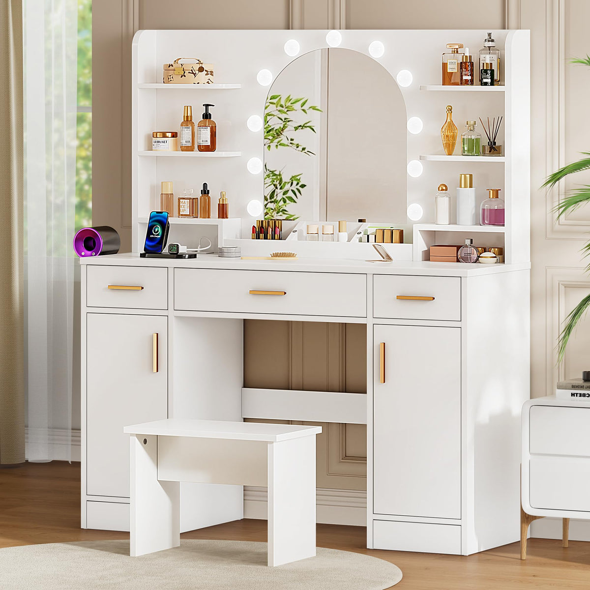 White Vanity Desk with Mirror and Lights D93470