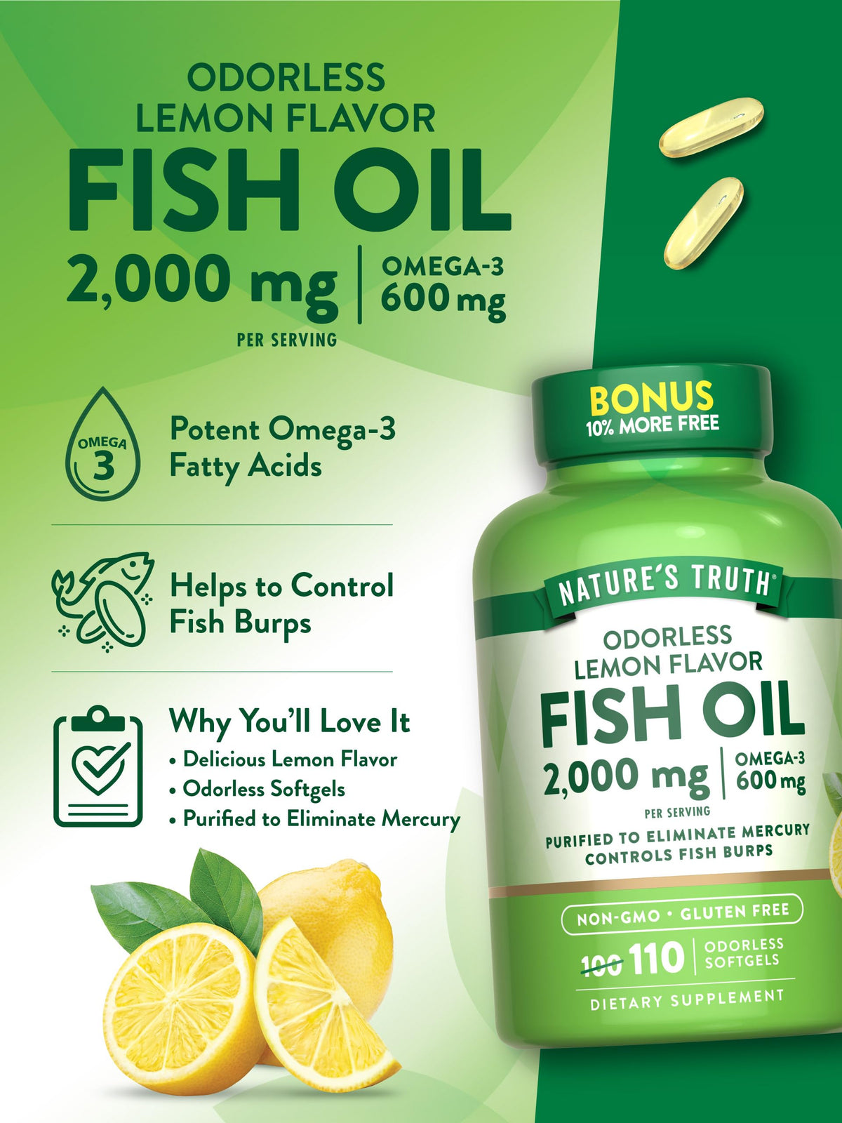 Fish Oil 2000mg 110 Softgels Lemon Flavor L916