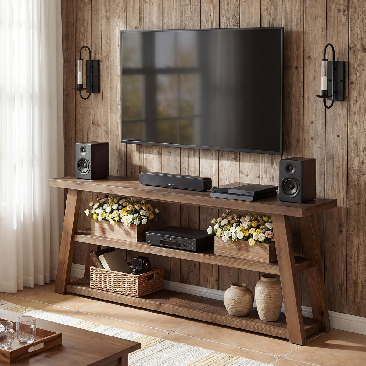 3-Tier Solid Wood TV Stand with Open Storage Shelves Y504