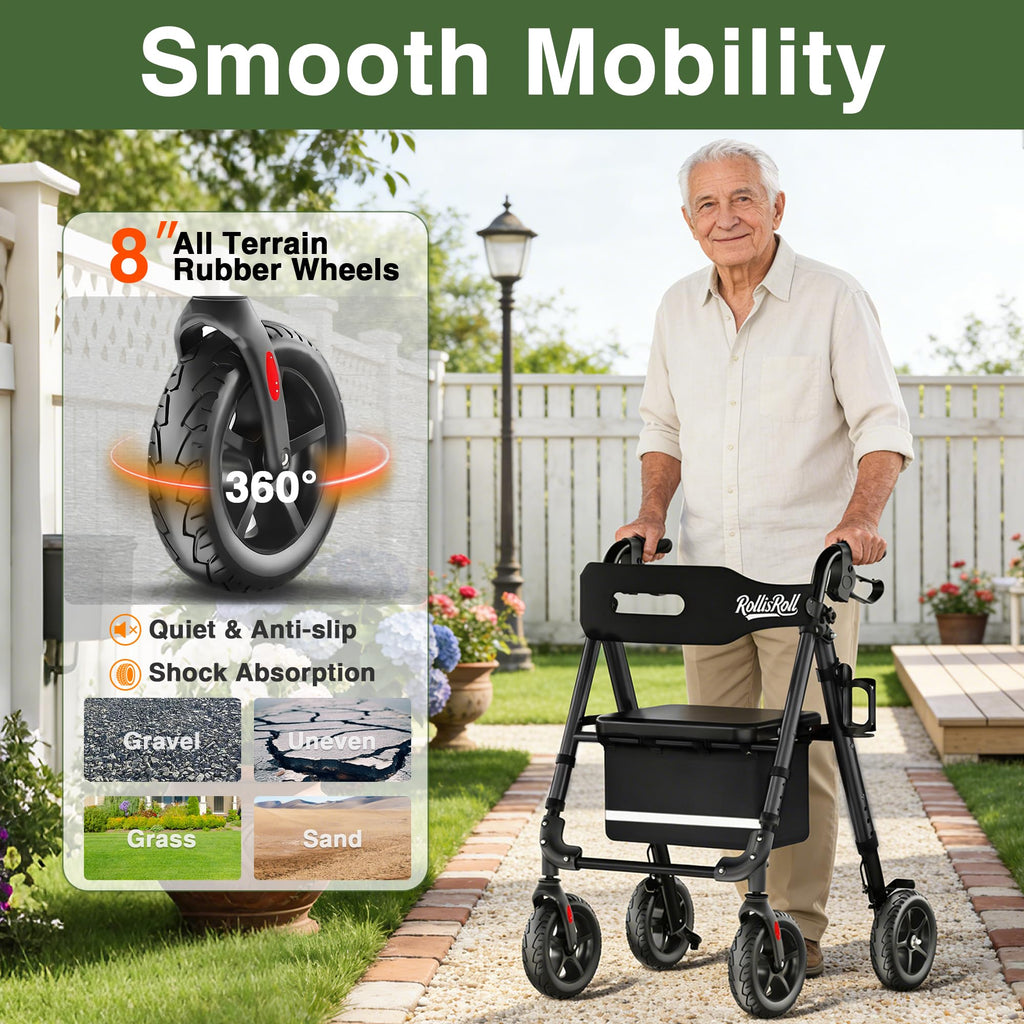 Lightweight Foldable Rollator Walker with 8" Rubber Wheels, 350lb Capacity, Black M4532