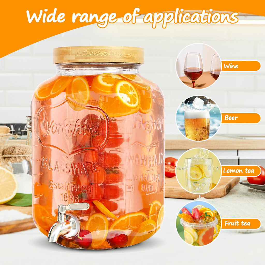2 Gallon Glass Beverage Dispenser with Wood Stand B3656