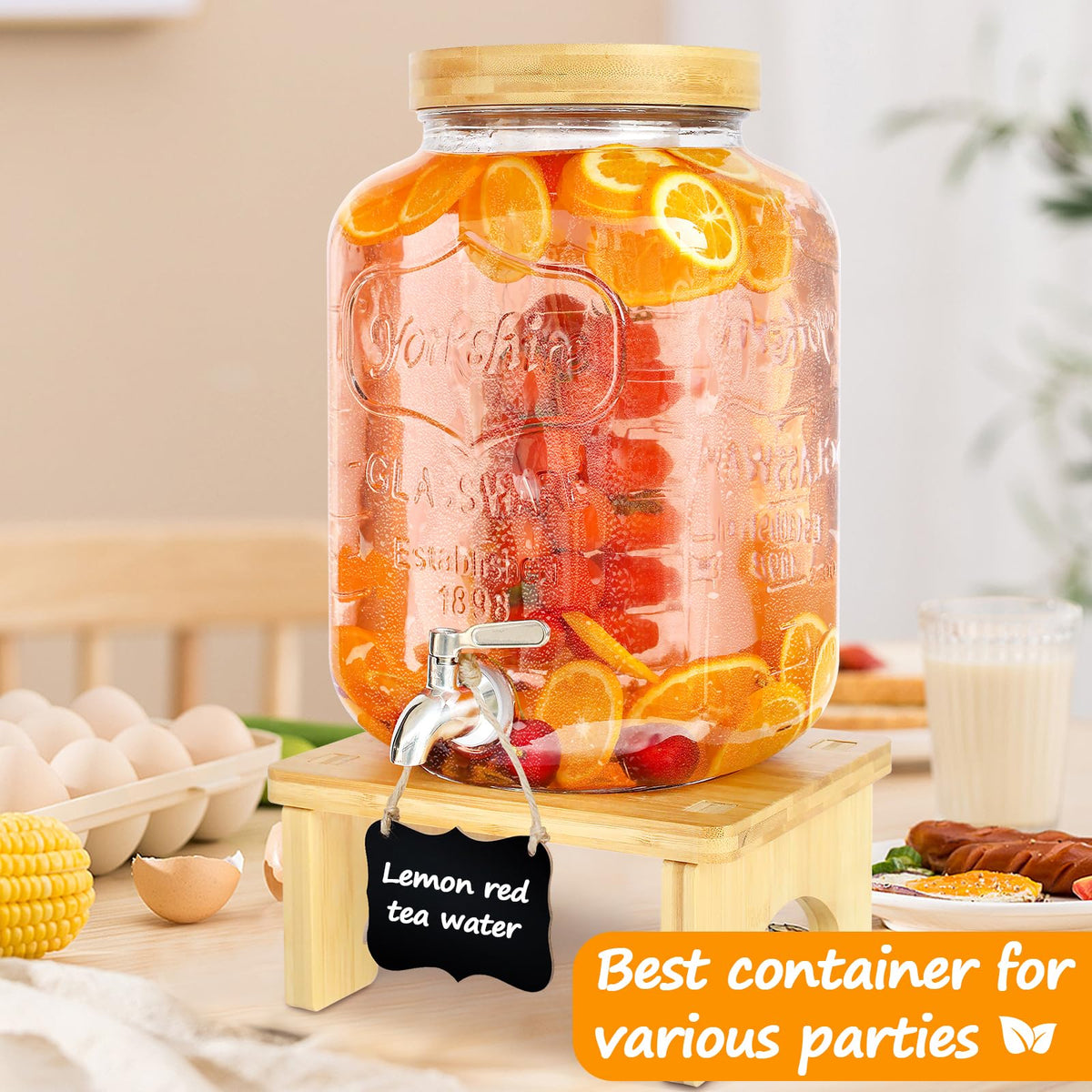 2 Gallon Glass Beverage Dispenser with Wood Stand B3656