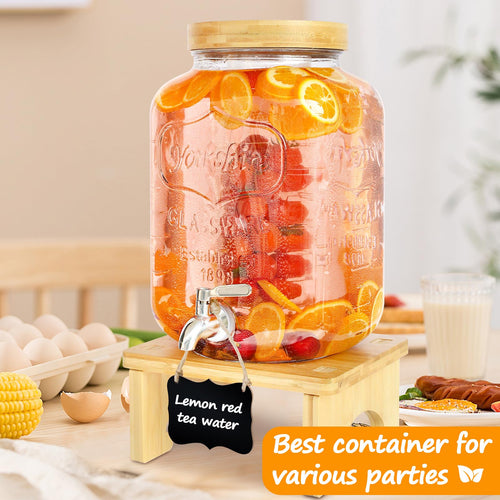 2 Gallon Glass Beverage Dispenser with Wood Stand B3656