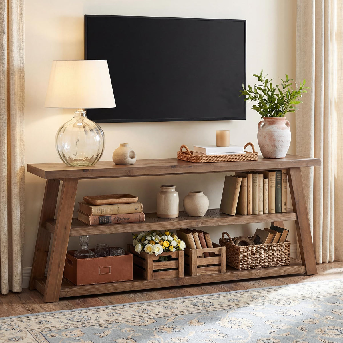 3-Tier Solid Wood TV Stand with Open Storage Shelves Y504