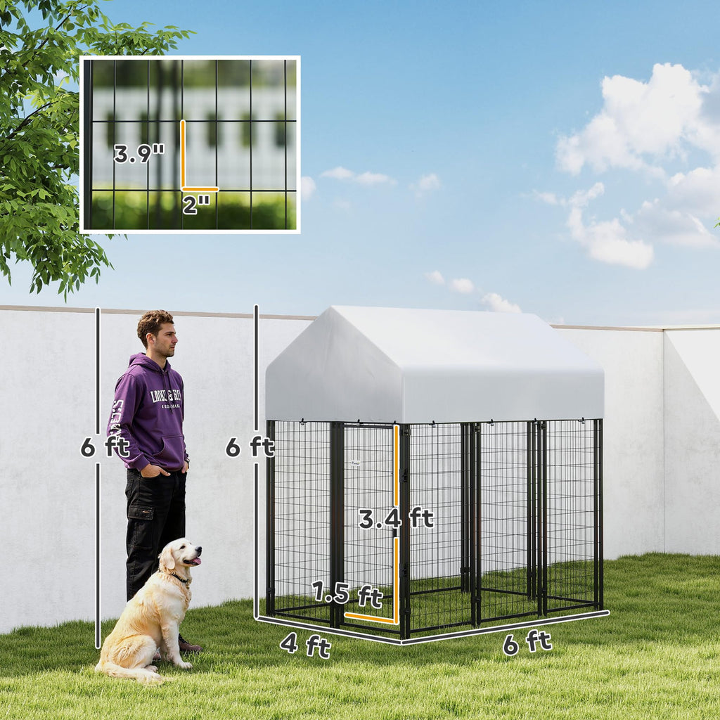 Outdoor Dog Kennel with Roof, 6' x 4' x 6' Heavy Duty Welded Wire Dog Playpen Enclosure A4496