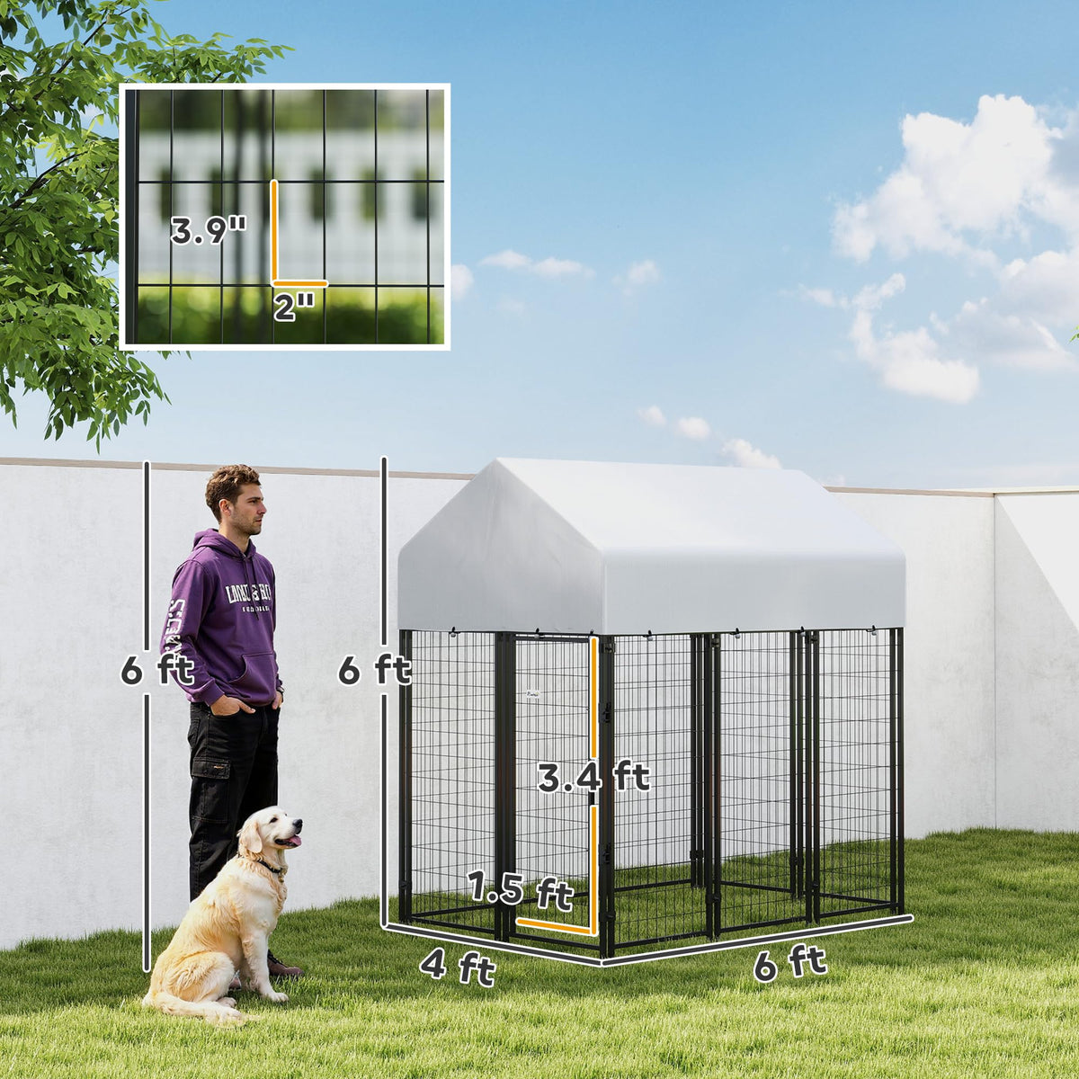Outdoor Dog Kennel with Roof, 6' x 4' x 6' Heavy Duty Welded Wire Dog Playpen Enclosure A4496