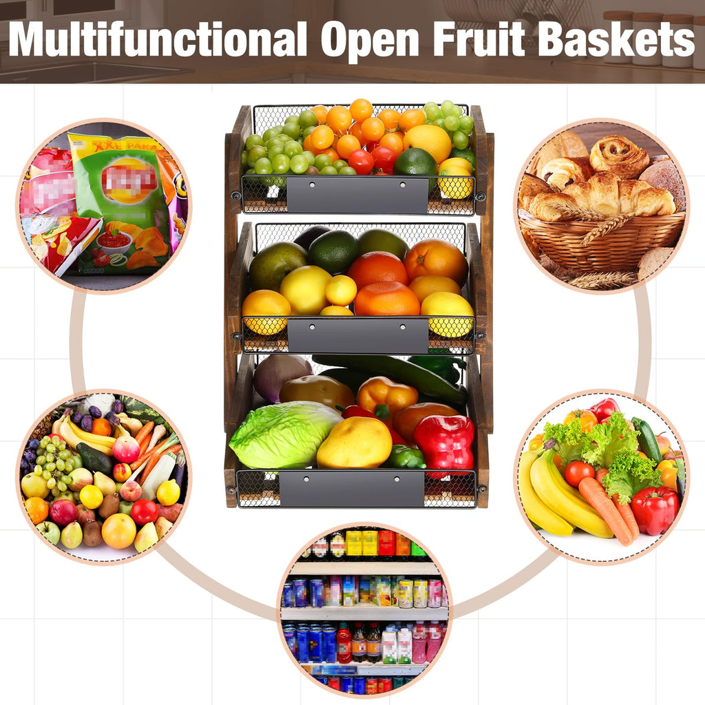 3 Tier Wooden Fruit Basket with Banana Hangers Y180