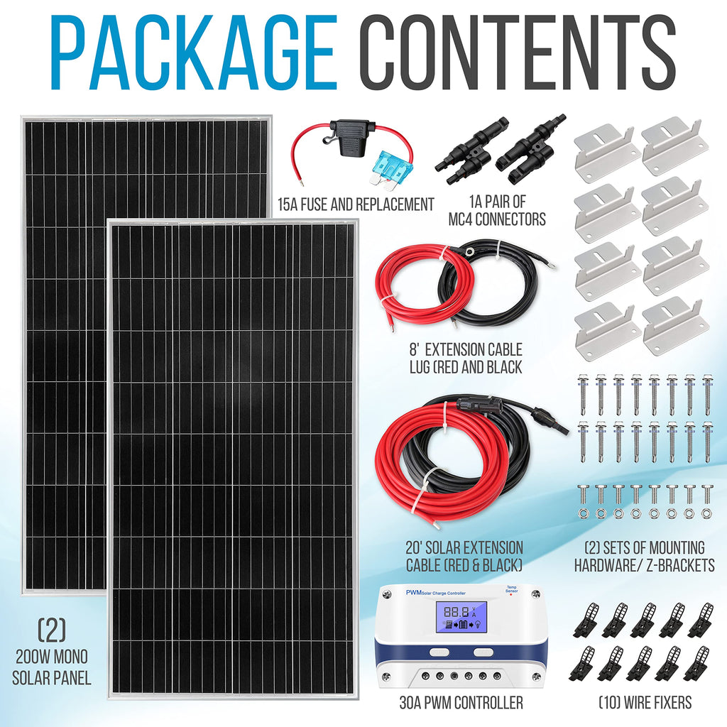 400 Watt 12V Portable Solar Starter Kit with 2 Pcs 200W Monocrystalline Set and 30A PWM Controller F432341