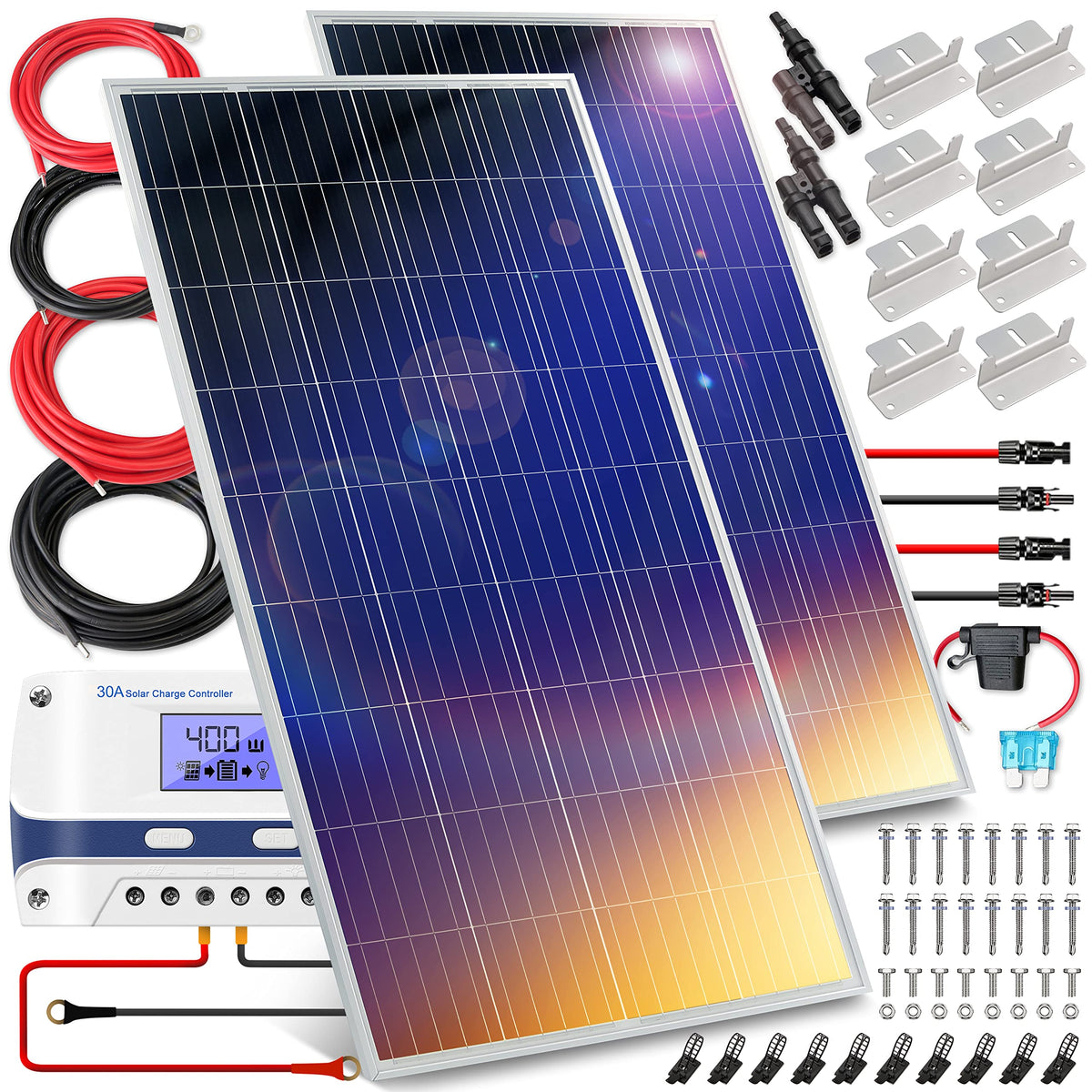 400 Watt 12V Portable Solar Starter Kit with 2 Pcs 200W Monocrystalline Set and 30A PWM Controller F432341